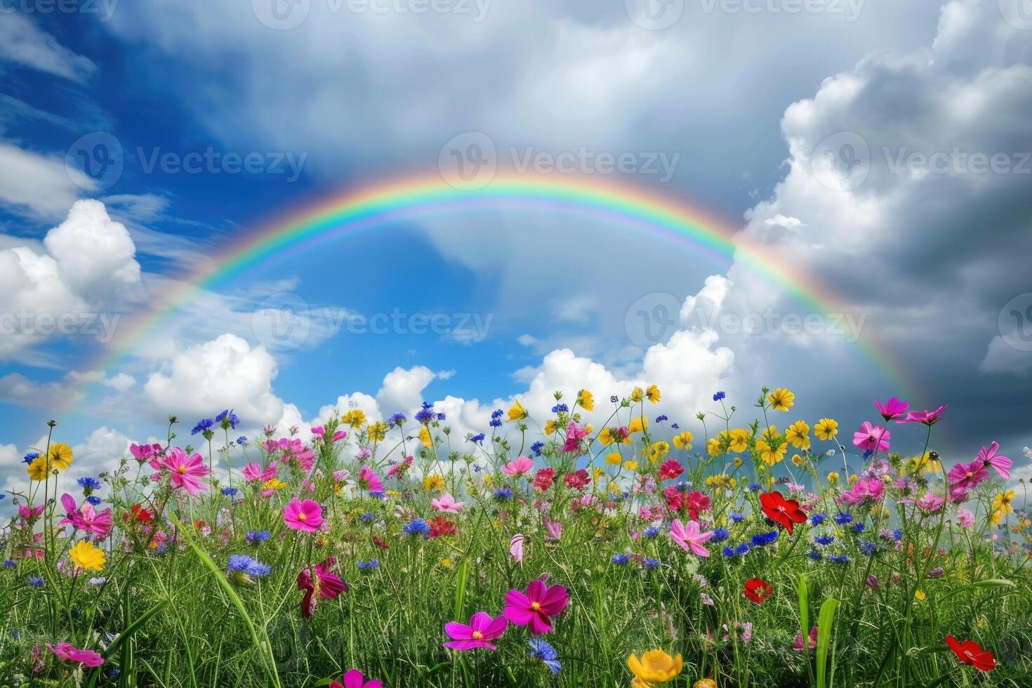 A field of wildflowers and a rainbow in the sky photo