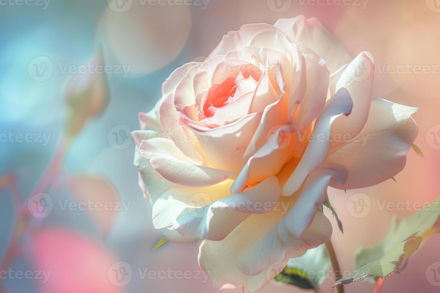 A rose is shown in a photo with a blurred background
