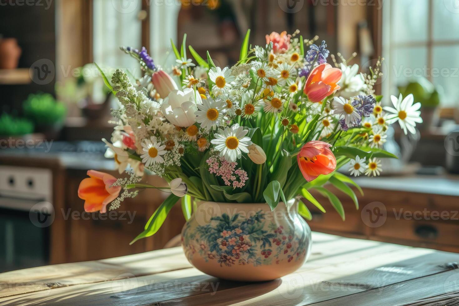 A vase filled with flowers sits on a table photo