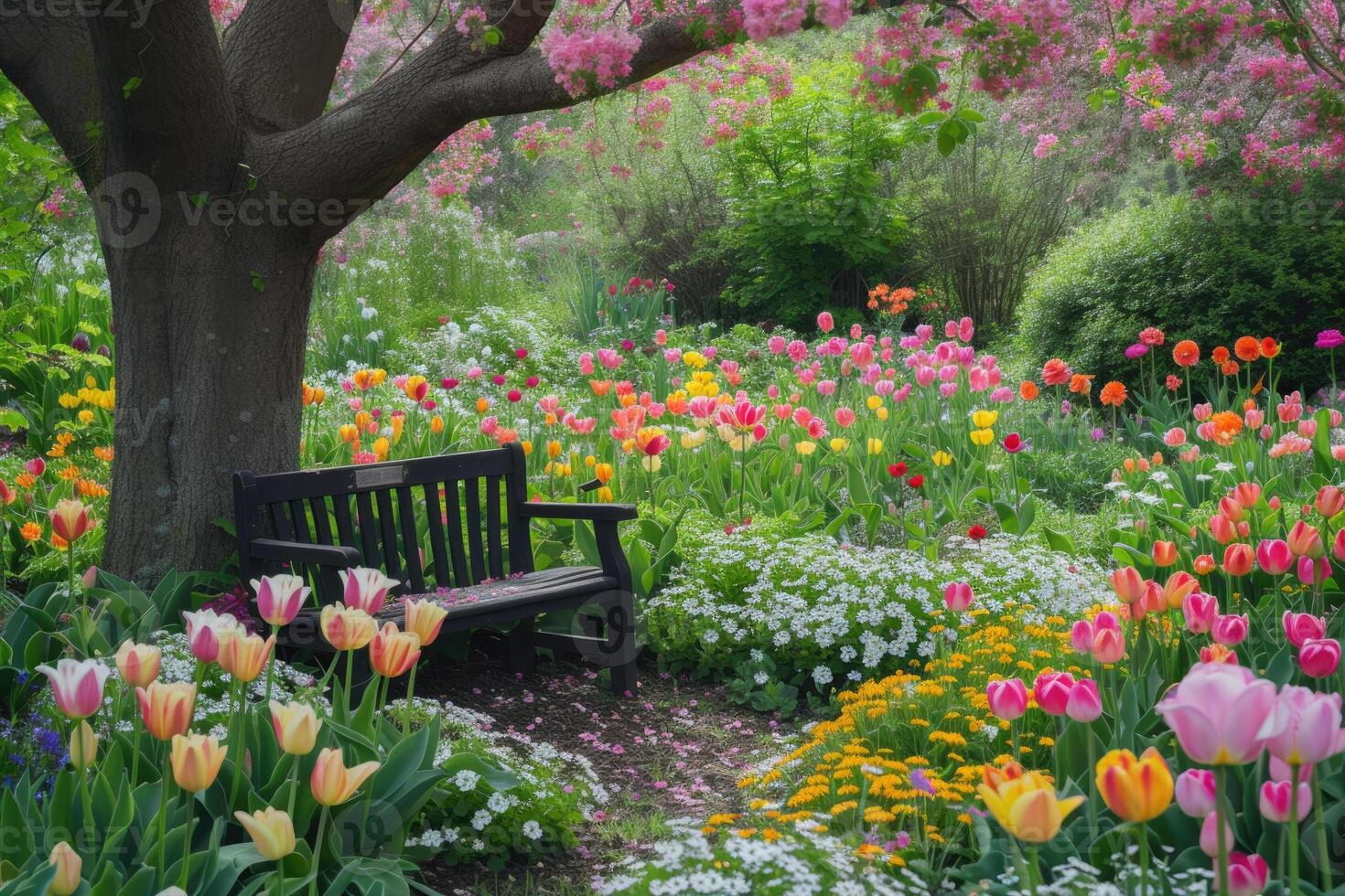 A bench under a tree surrounded by flowers photo