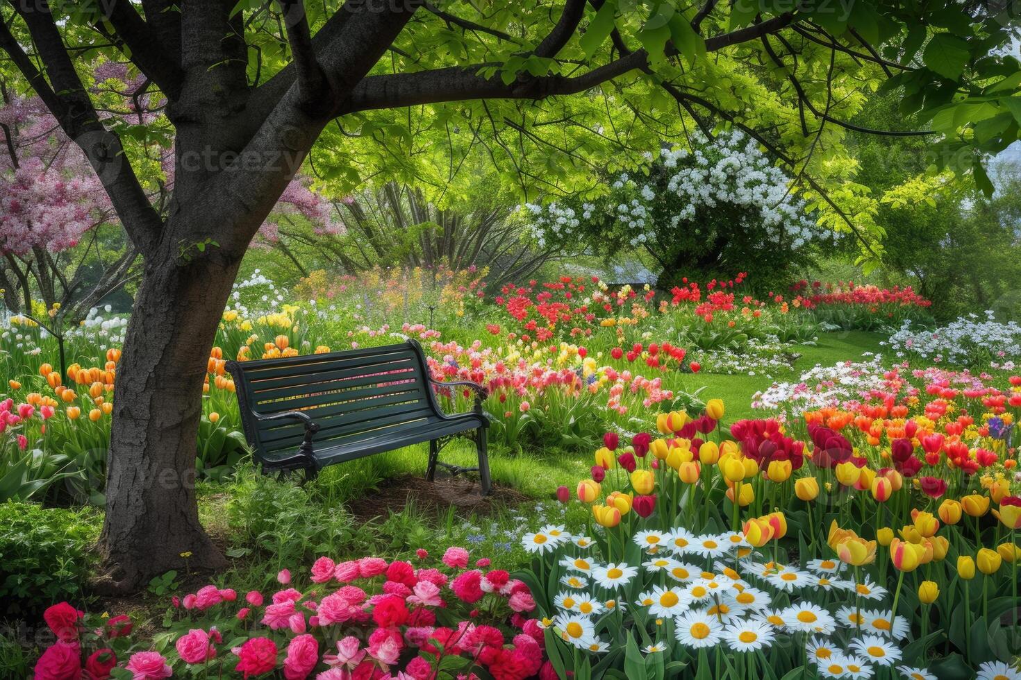 A bench sits in front of a flower garden photo