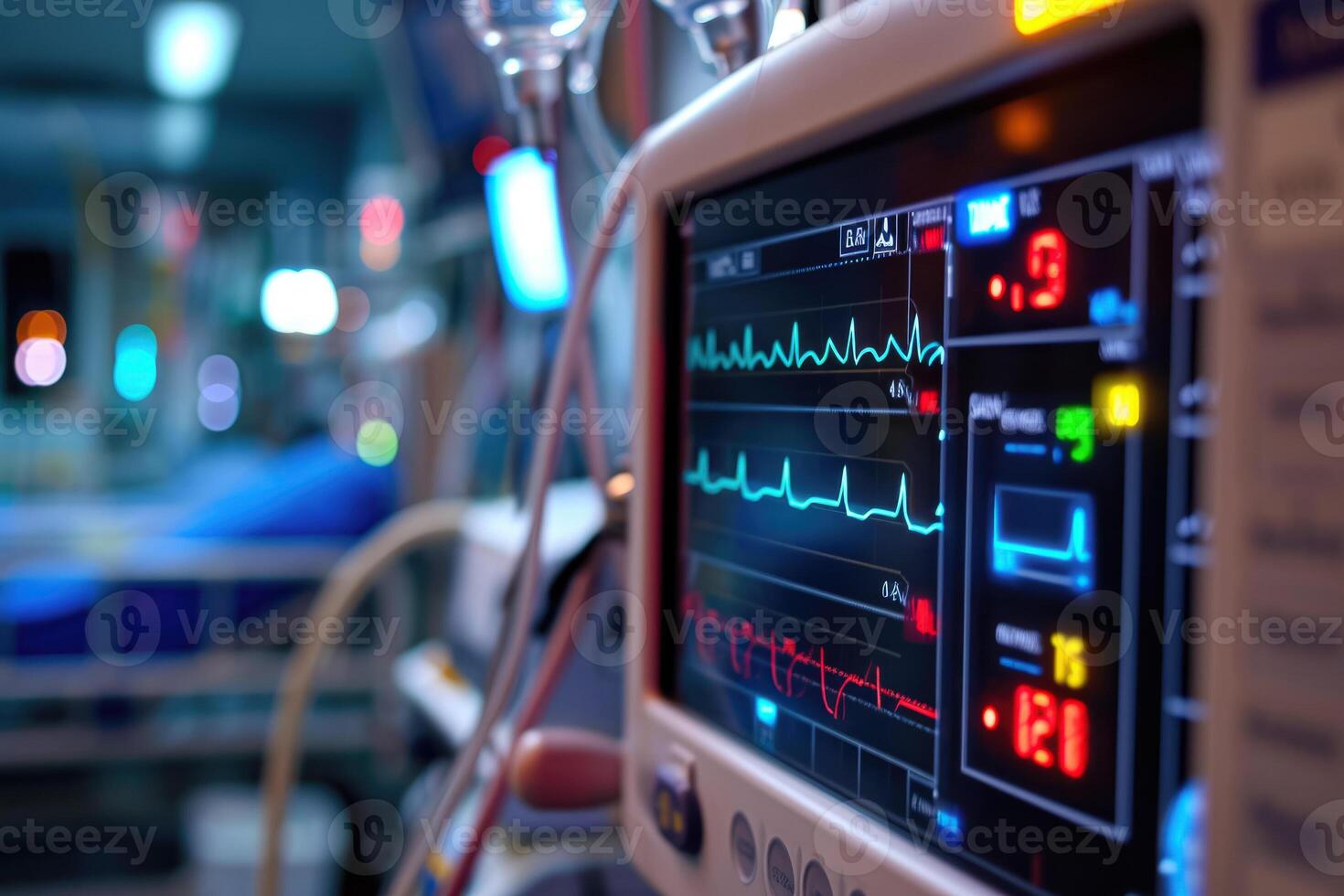 A monitor with an ecg on it in a hospital room photo