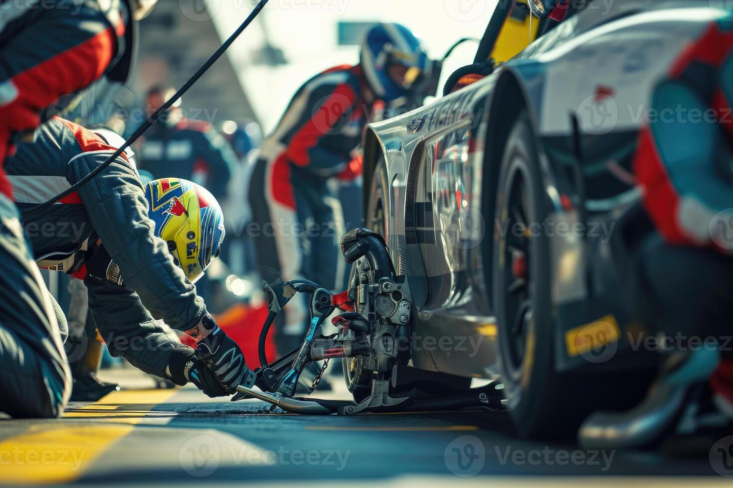 A group of people working on a race car photo