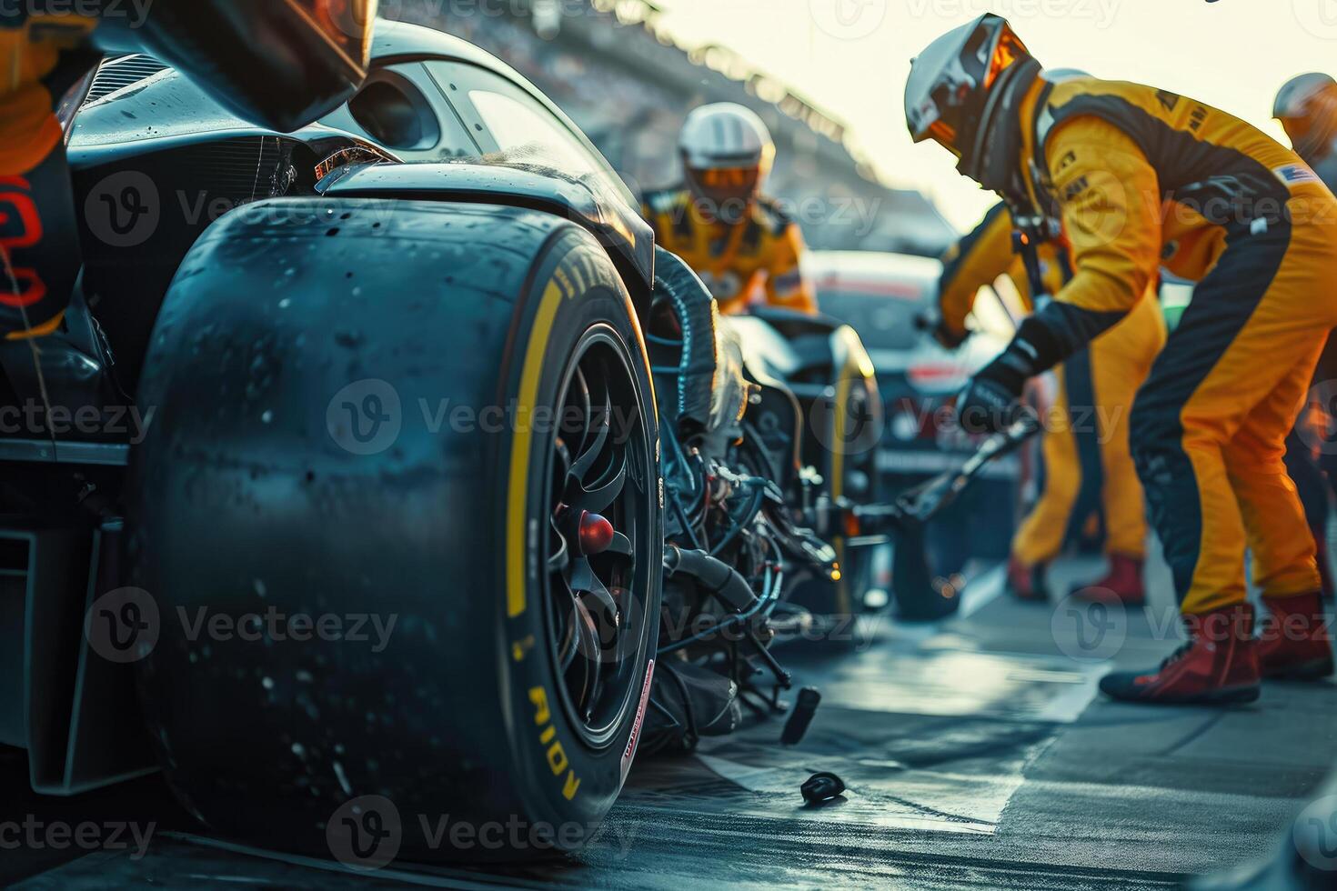 A group of people working on a race car photo