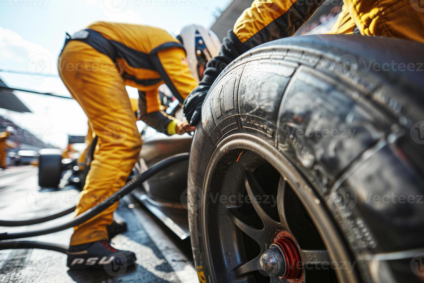 Two men in yellow uniforms are working on a race car photo