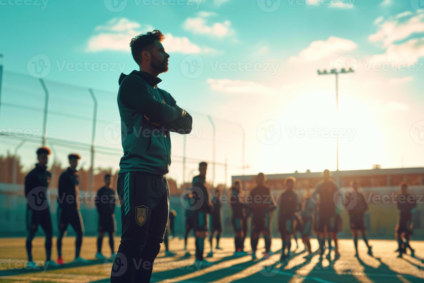 Soccer player standing in front of a team photo