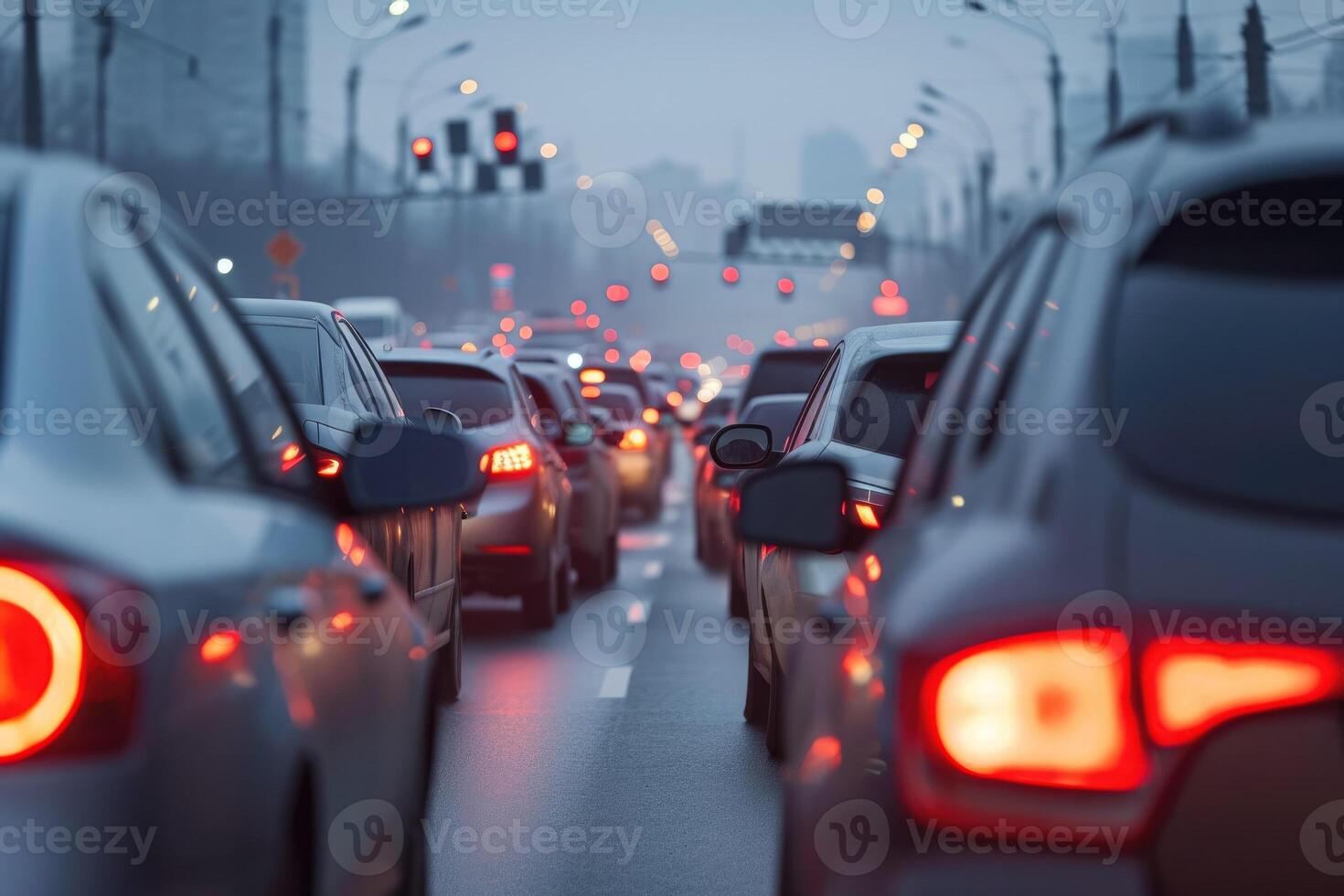 Traffic jam on the road with red lights photo