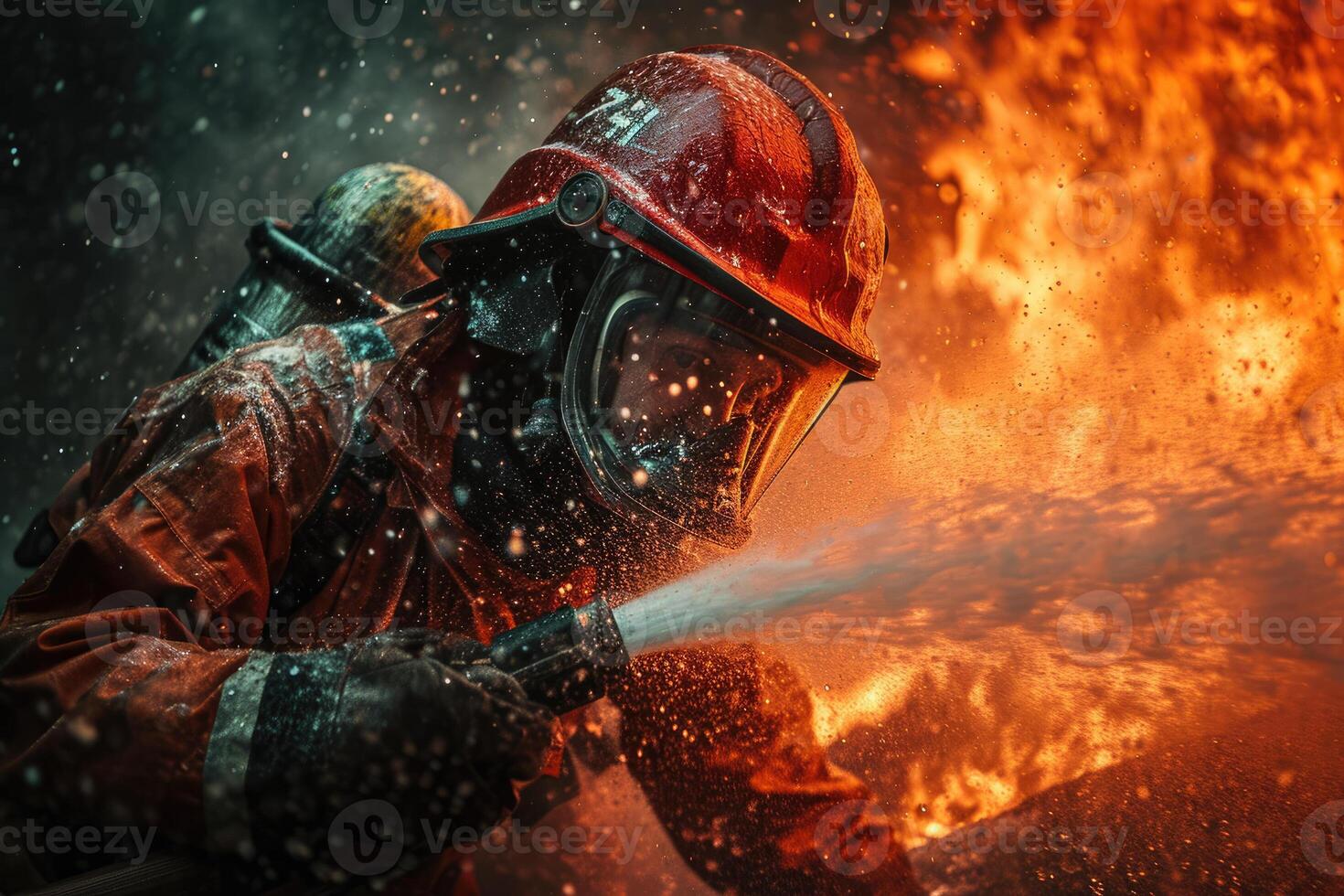 Firefighter in protective gear spraying water on a burning building photo