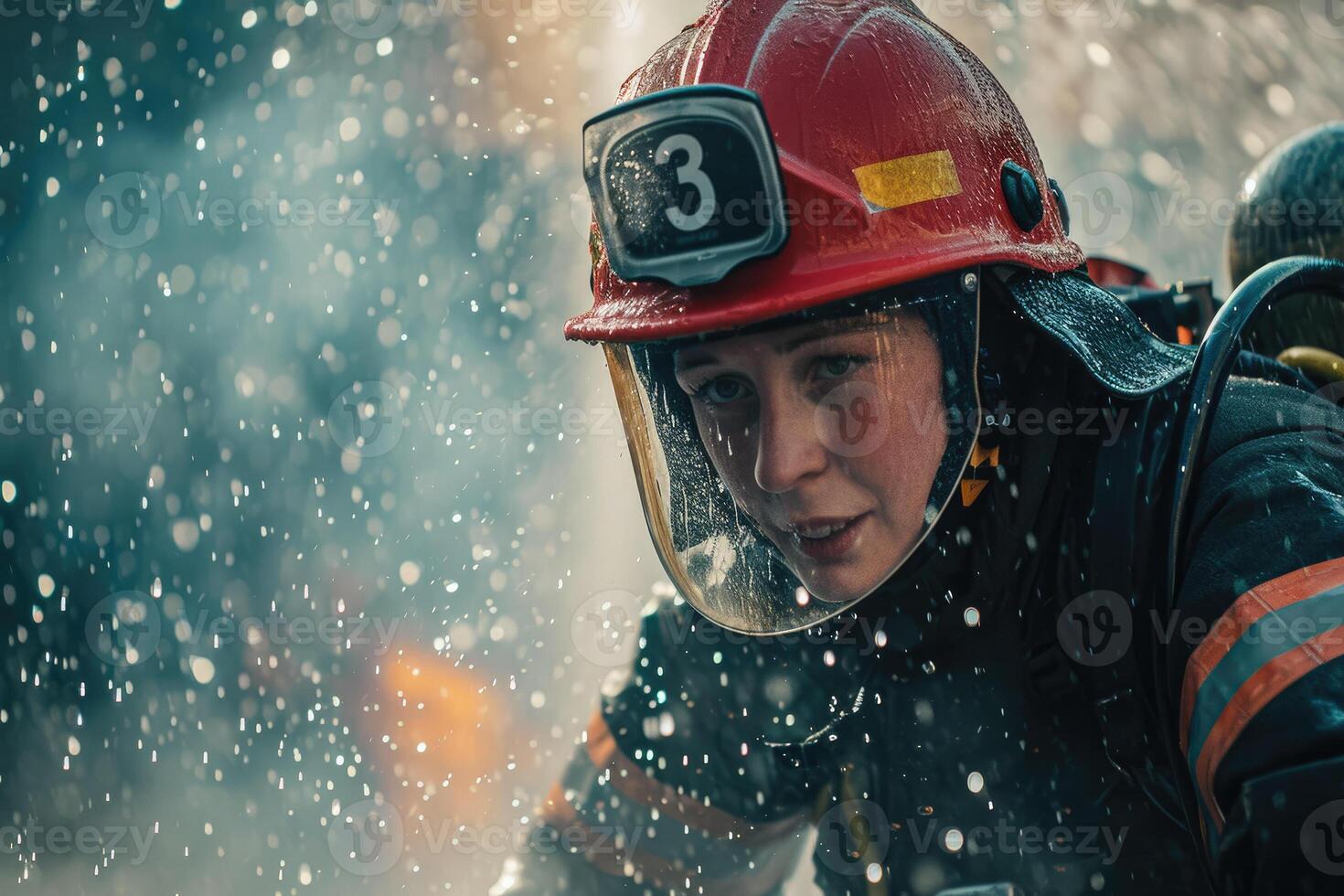 A firefighter is in the rain with a hose photo