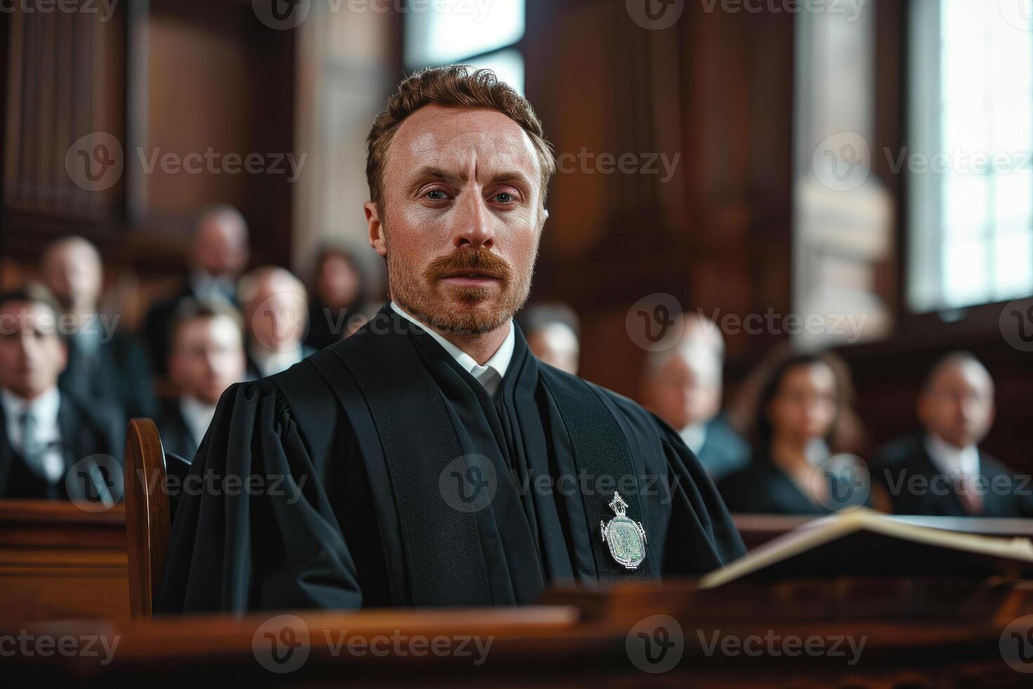A man in a judge's robe sitting in a courtroom photo
