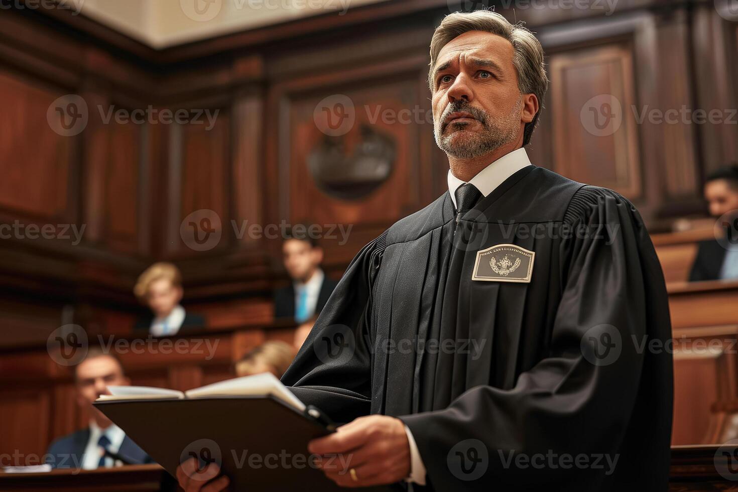 A judge standing in a courtroom with other people photo