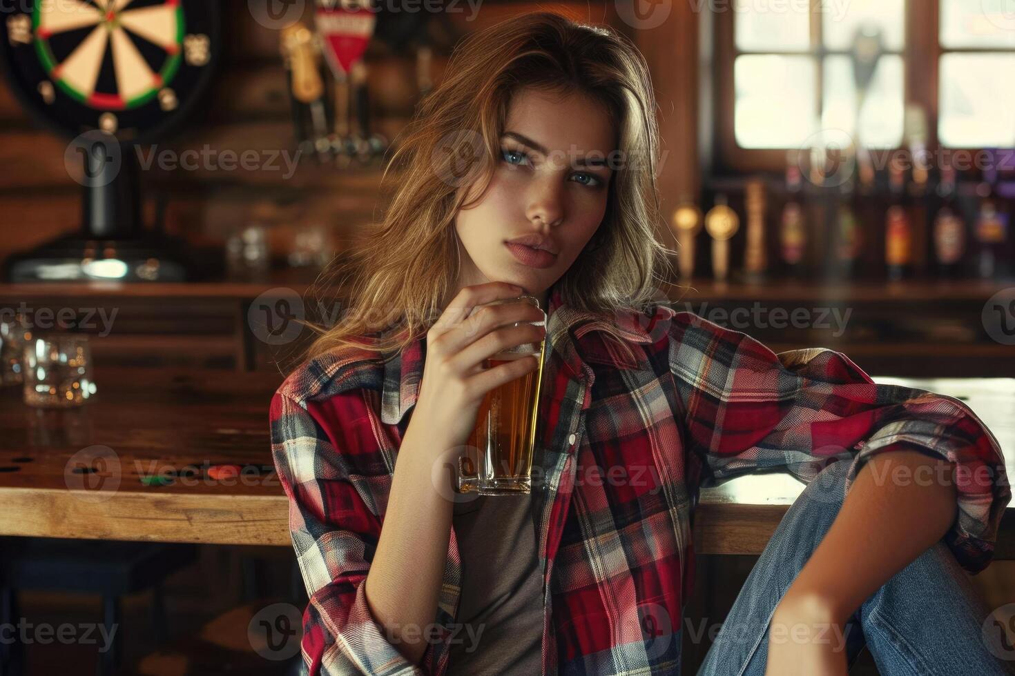 A woman sitting at a bar with a beer photo