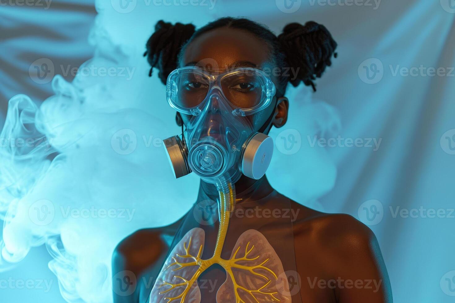 A woman wearing a gas mask and holding a tube photo