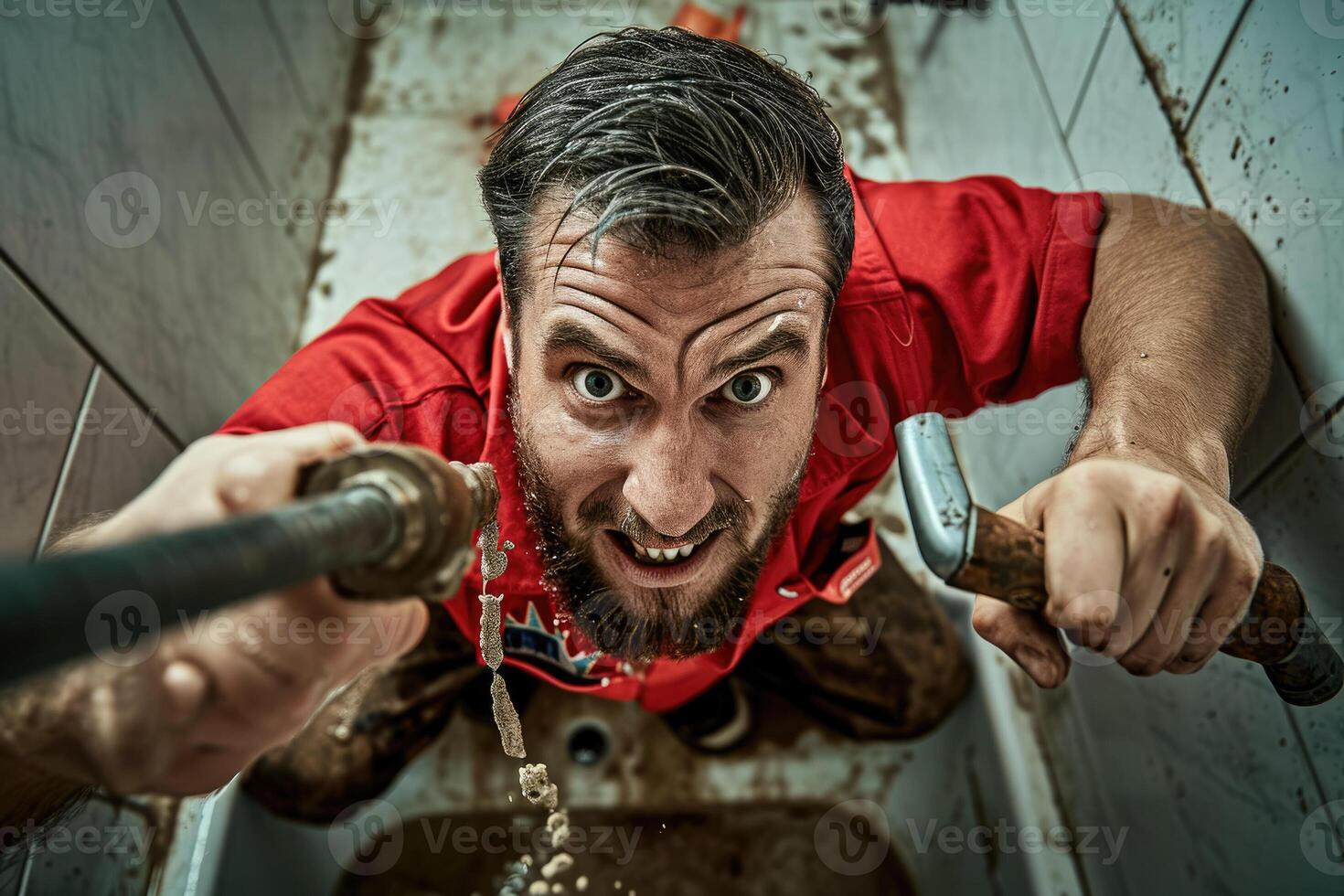 A man with a beard and red shirt is holding a wrench photo
