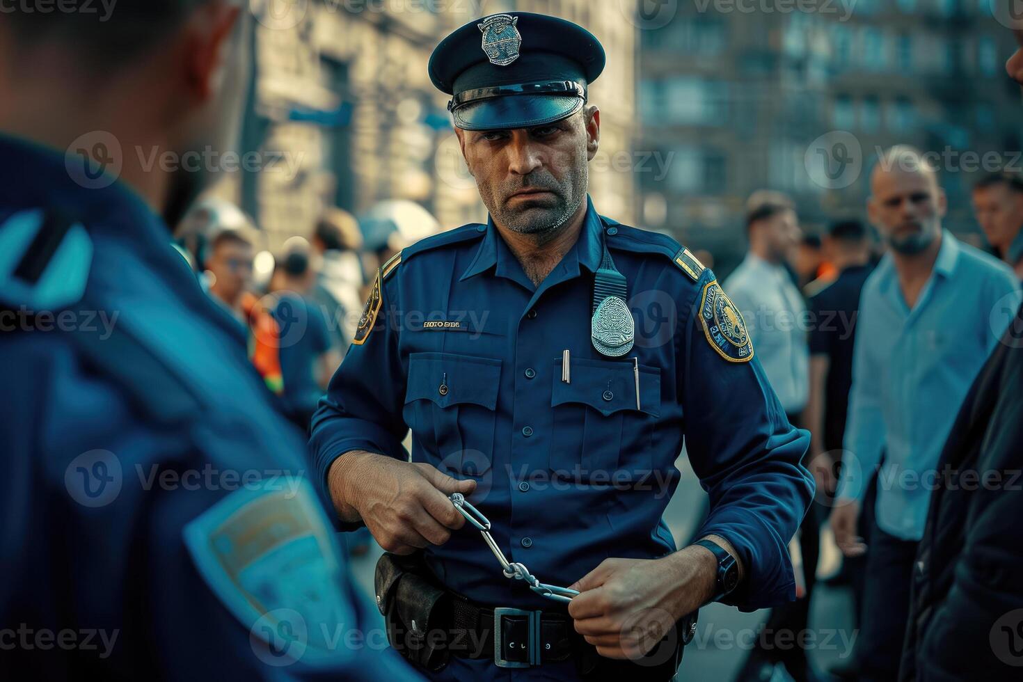 A police officer is standing in the middle of a crowd photo