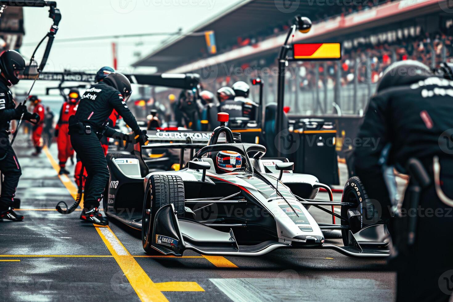 A race car is being worked on by a mechanic photo