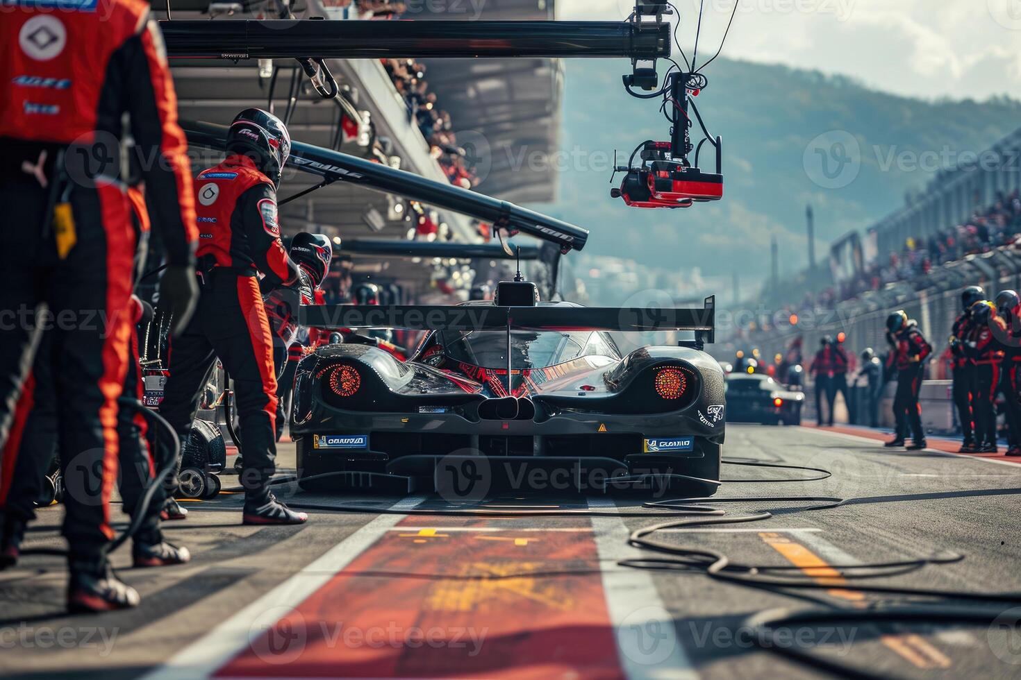 A race car is being worked on by a mechanic photo
