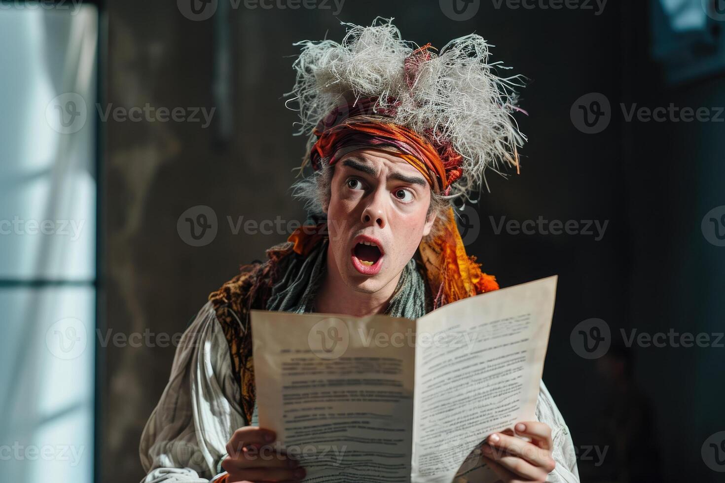 A man in a costume reading a book photo