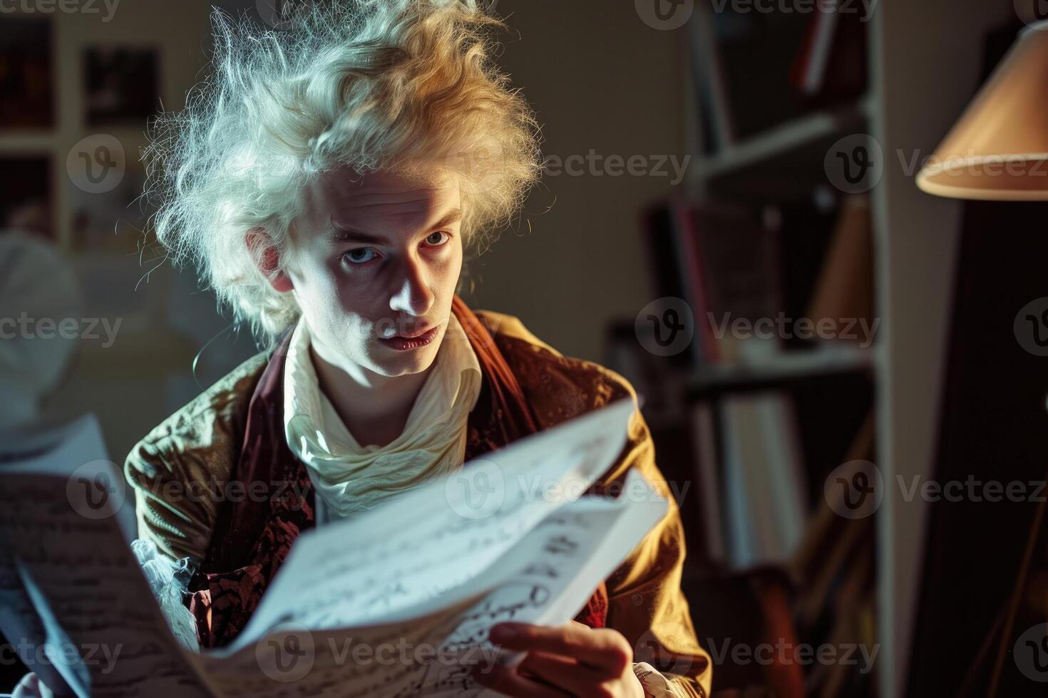 A man with a white hair reading a sheet of paper photo