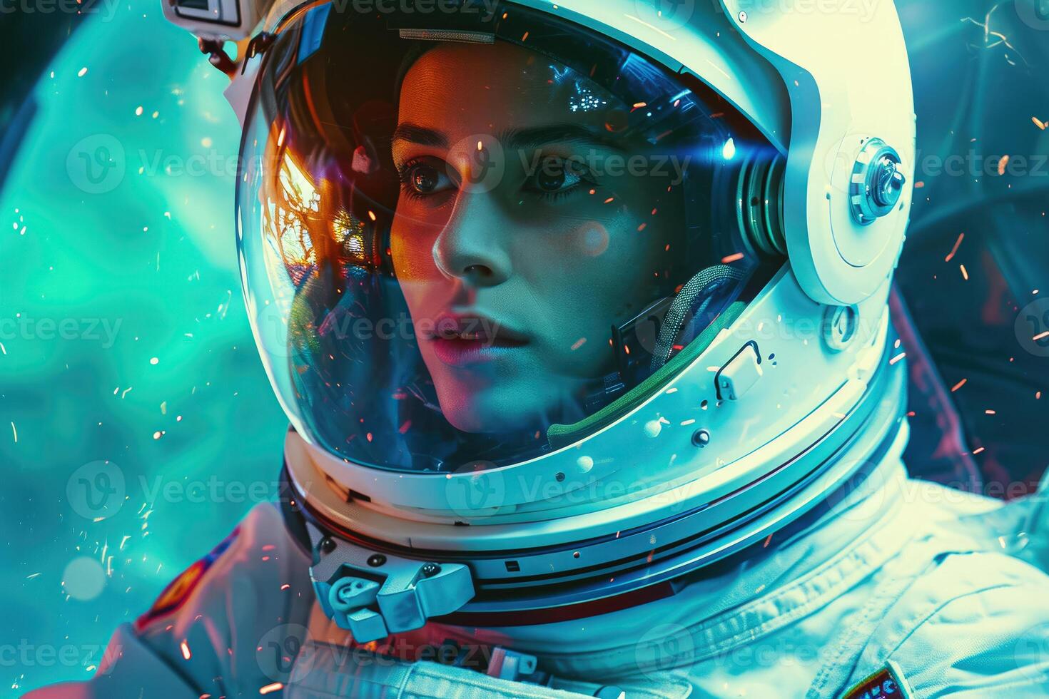 A woman in an astronaut suit is looking at the camera photo