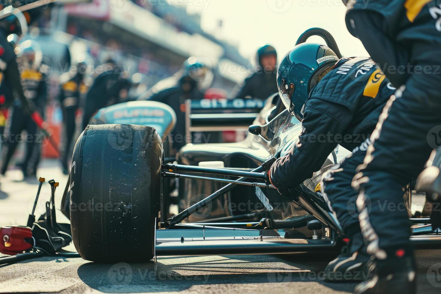 A group of people working on a race car photo