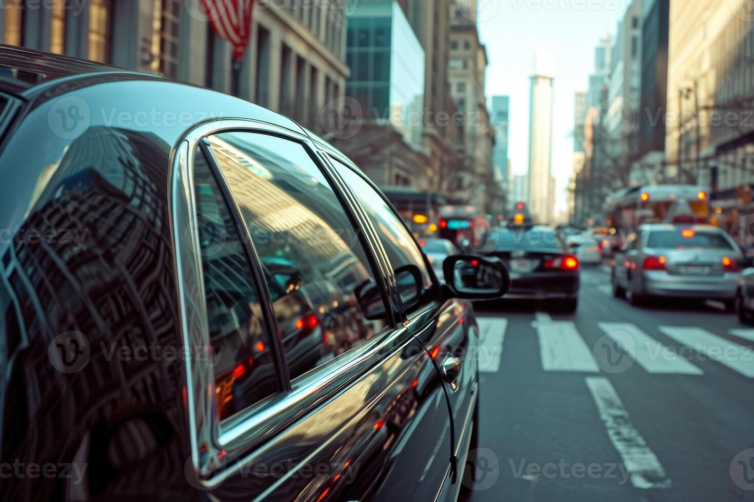 A car driving down a busy street with traffic lights photo
