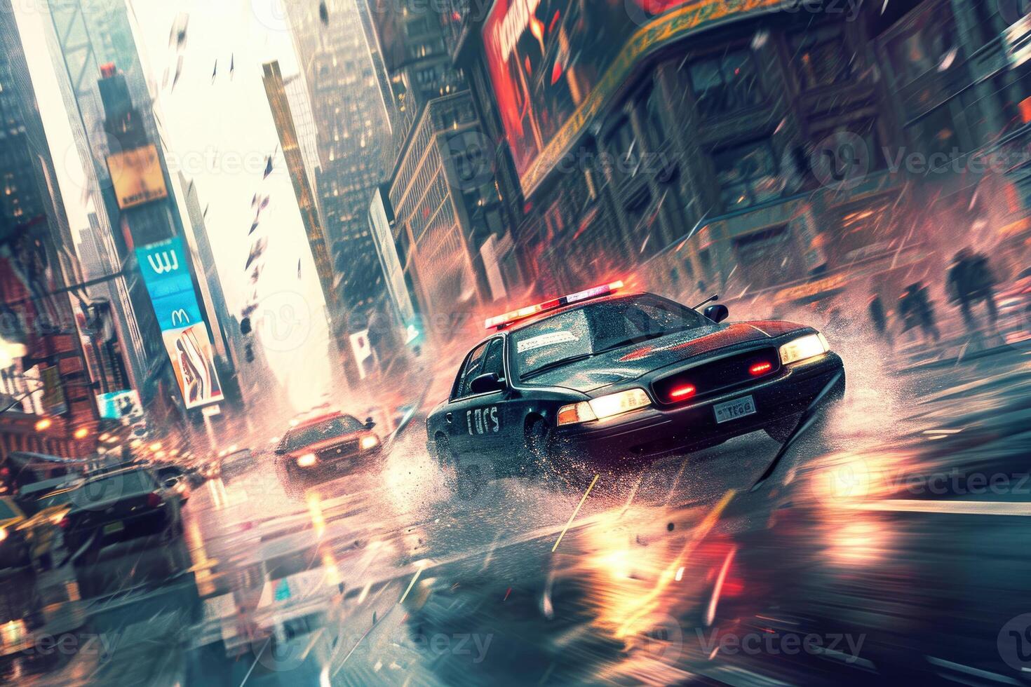 A police car driving down a wet street in the rain photo