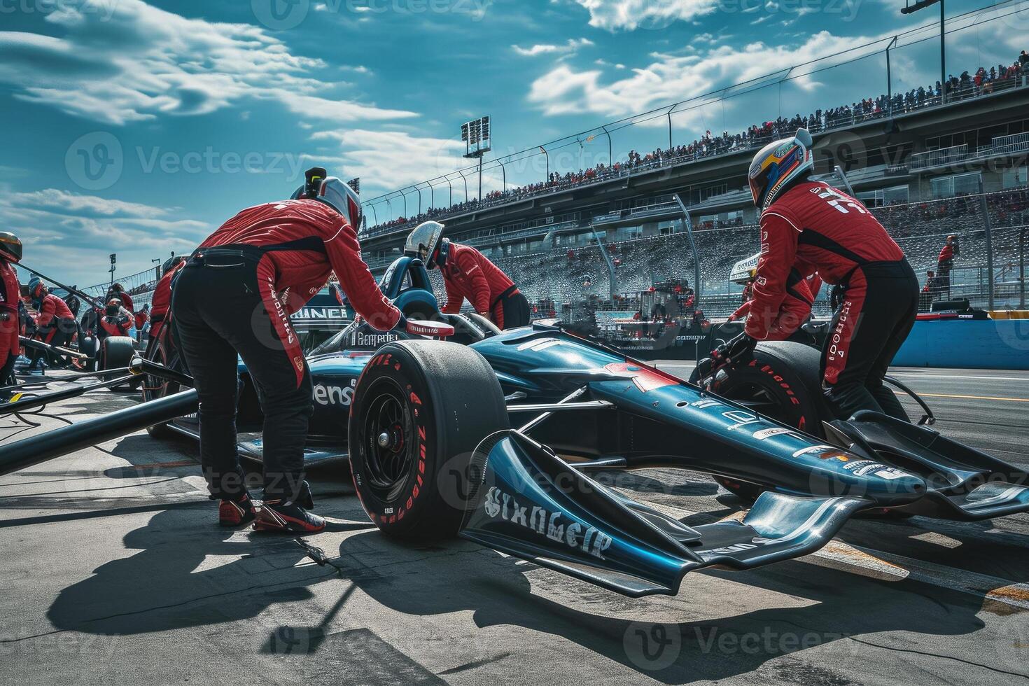 A man in red and black uniform is working on a race car photo