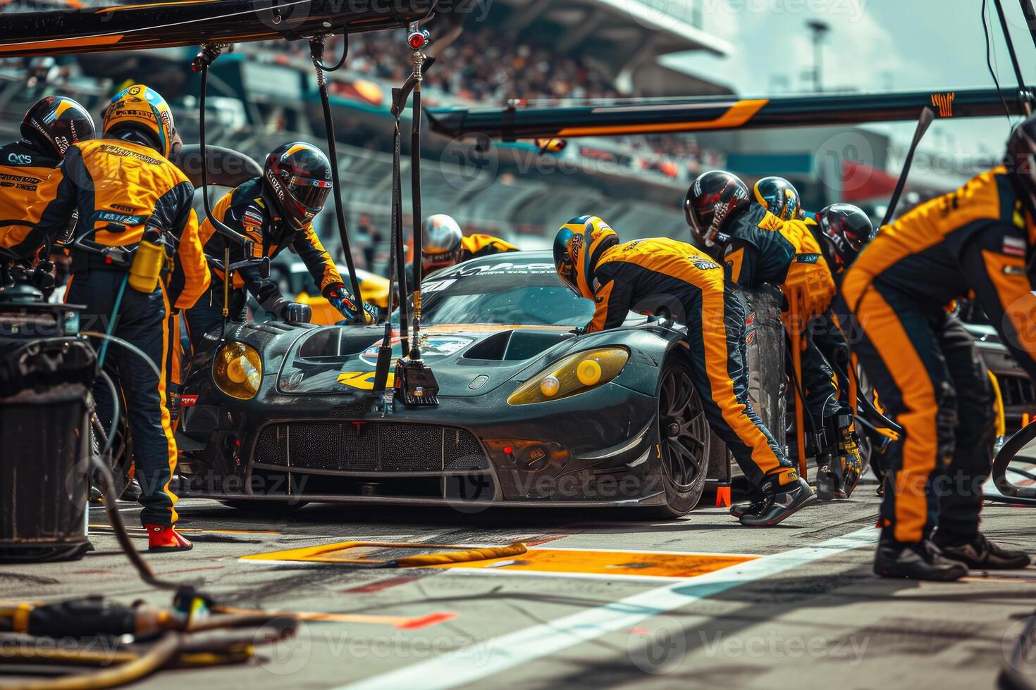 A group of men working on a race car photo
