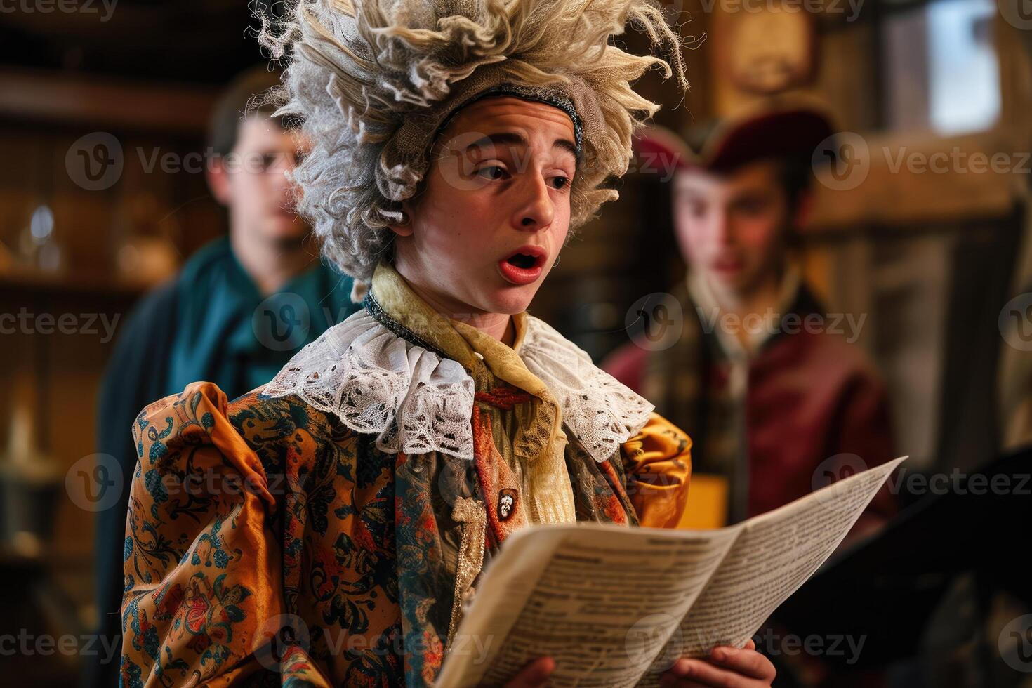 A young man in a costume singing while others look on photo