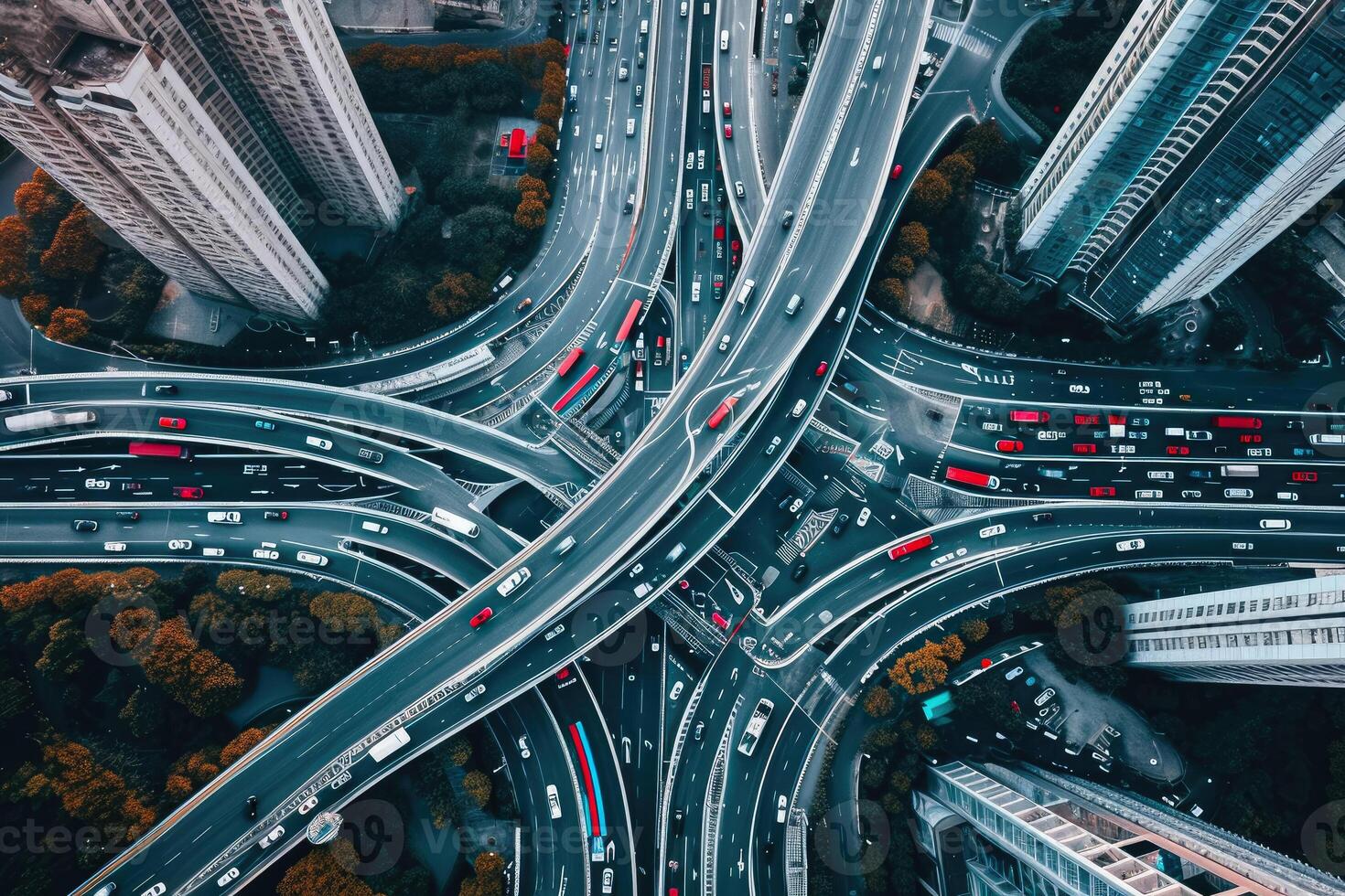 An aerial view of a busy intersection in a city photo