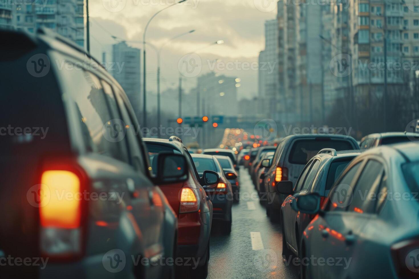 Traffic jam on the road with cars and trucks photo