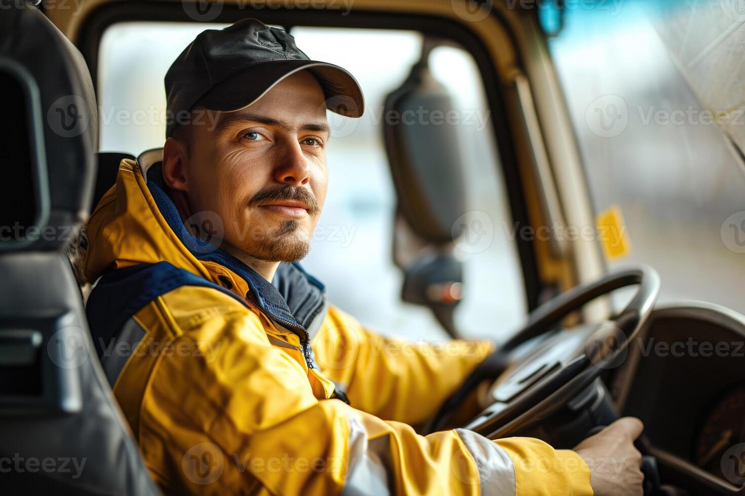 A man in a yellow jacket driving a truck photo