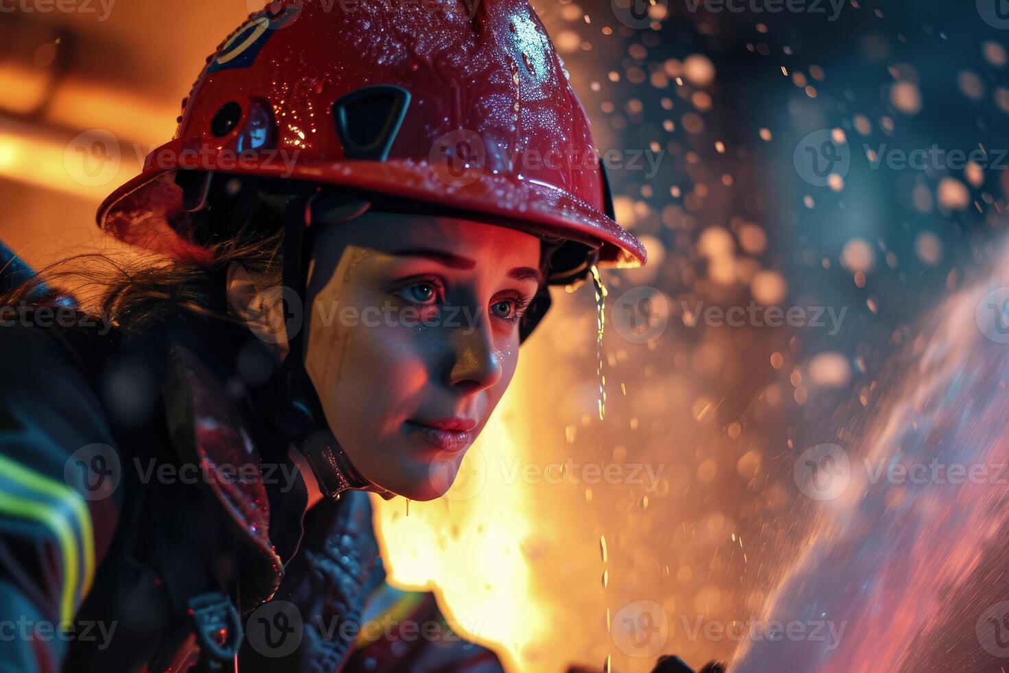 A woman in a fire helmet is spraying water photo