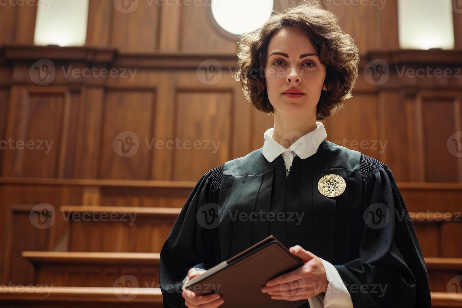 A woman in a judge's robe holding a folder photo