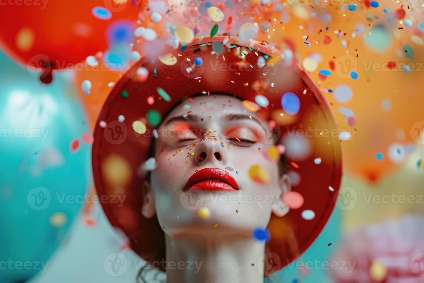 A woman with red lipstick and a hat is surrounded by confetti photo