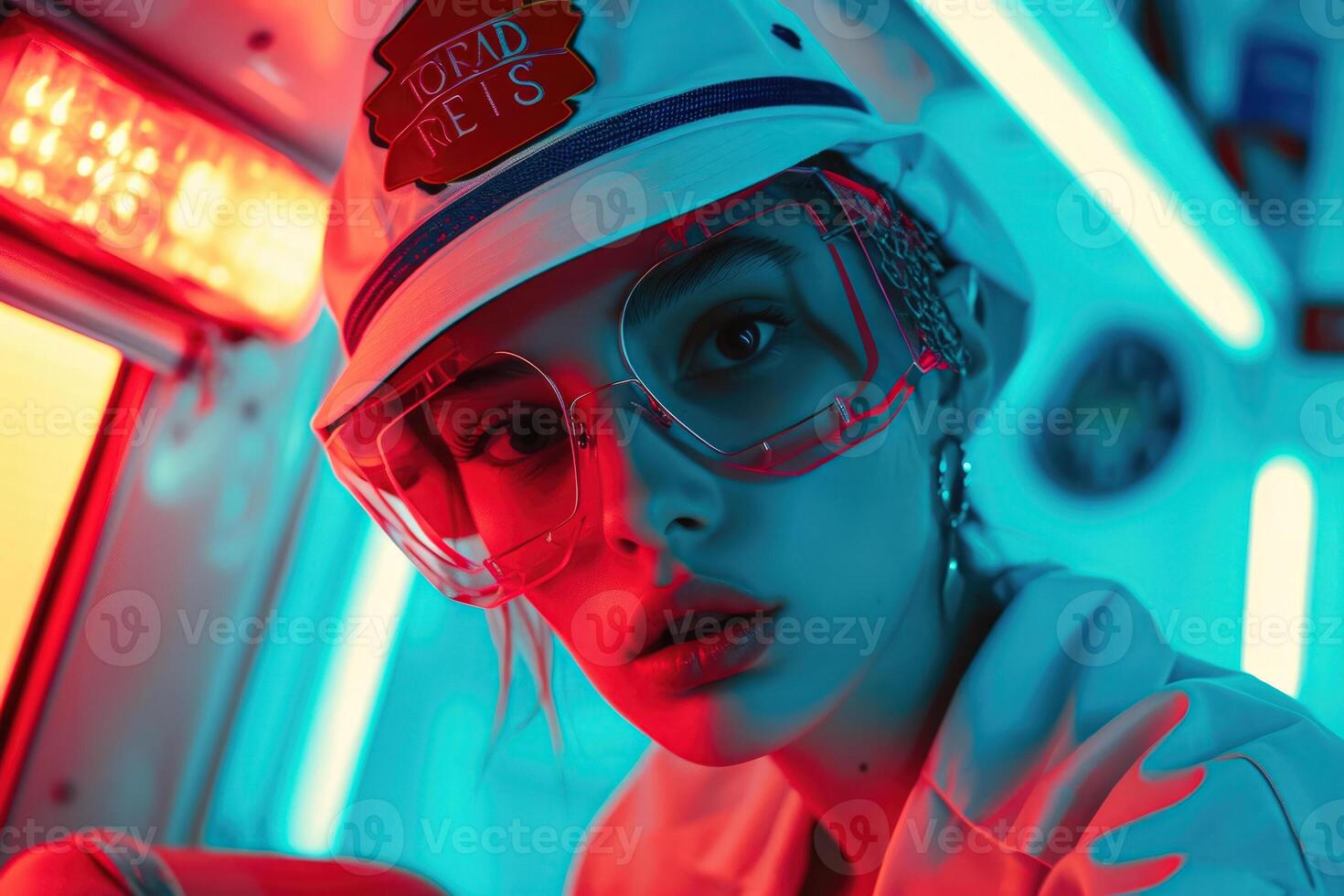 A woman wearing a white hat and glasses in front of neon lights photo