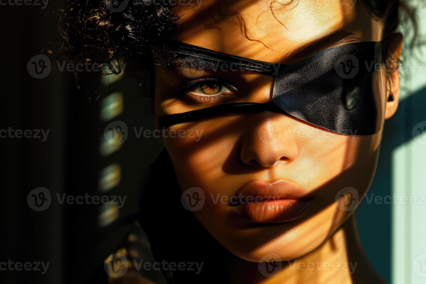 A woman with a black eye mask and a black eye photo