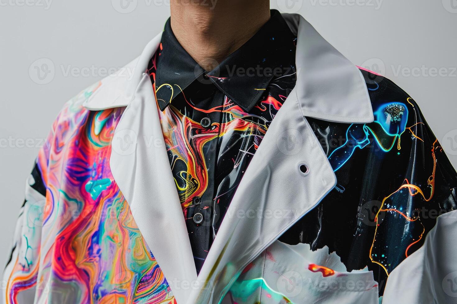 A man wearing a colorful jacket with a tie photo