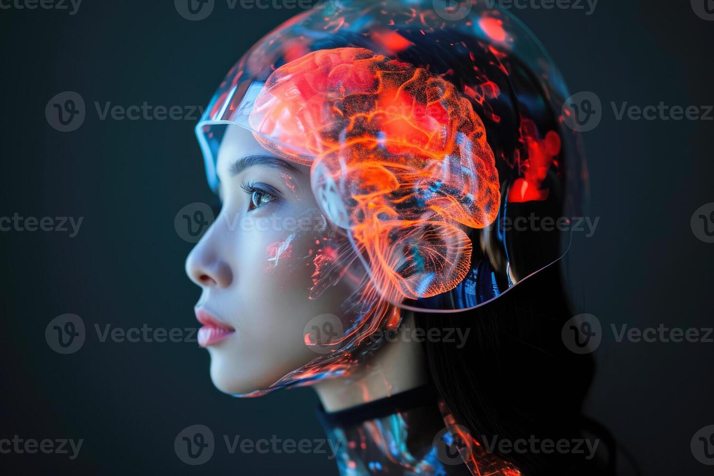 A woman wearing a helmet with glowing red and blue photo