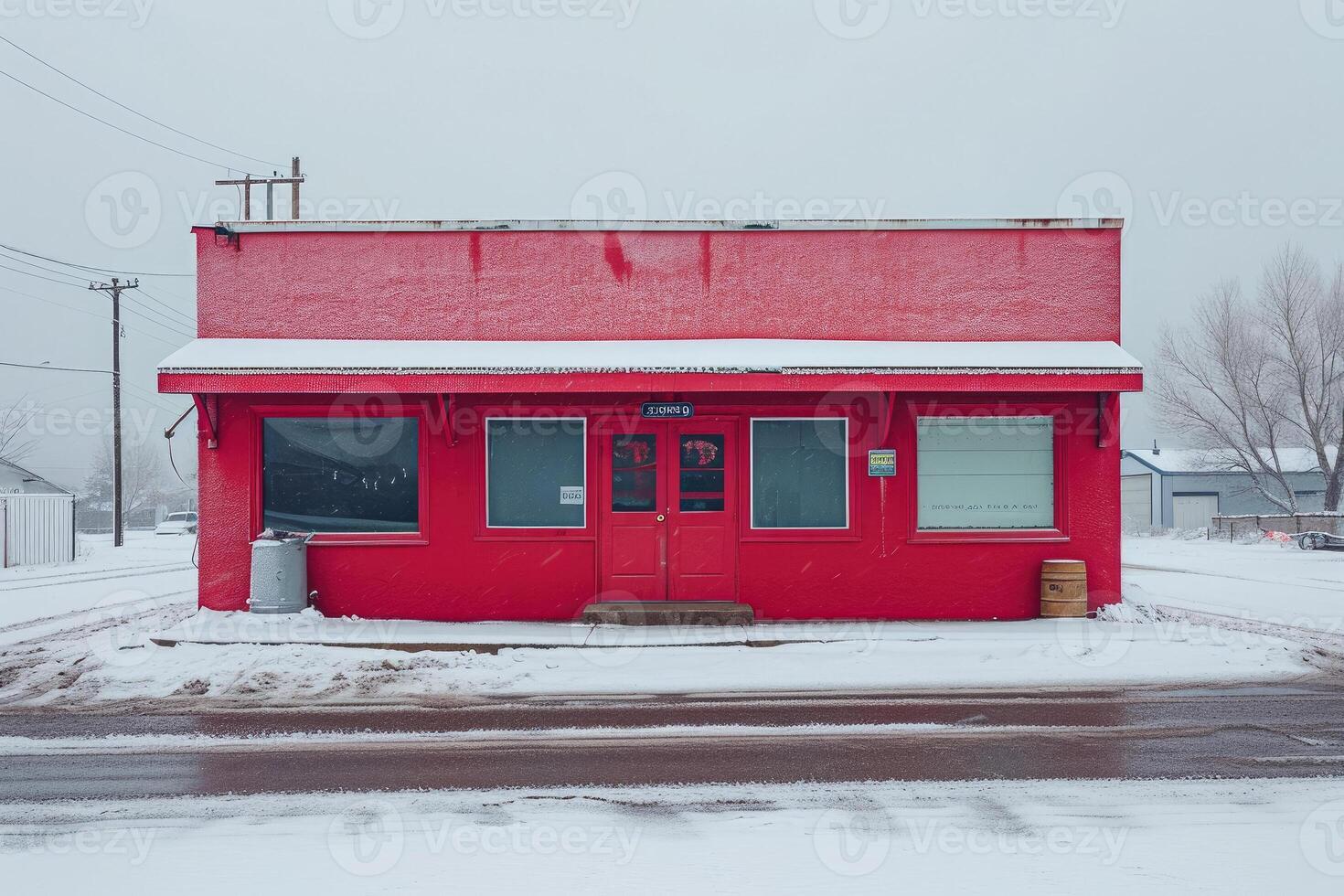 A red building with snow on the ground photo