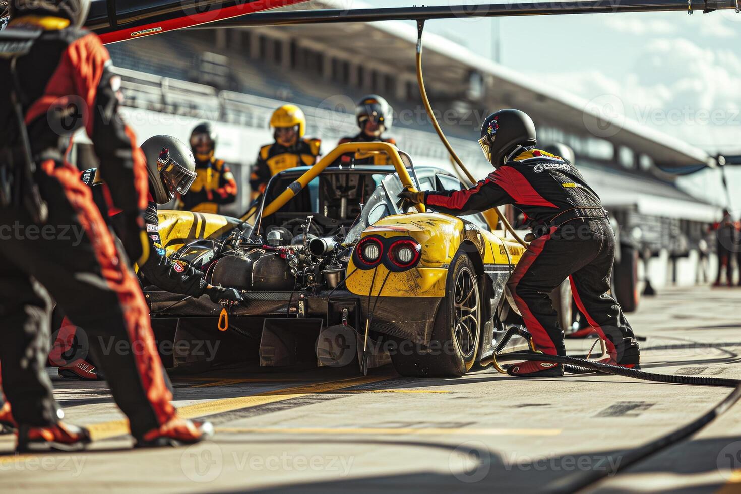 A group of men working on a race car photo