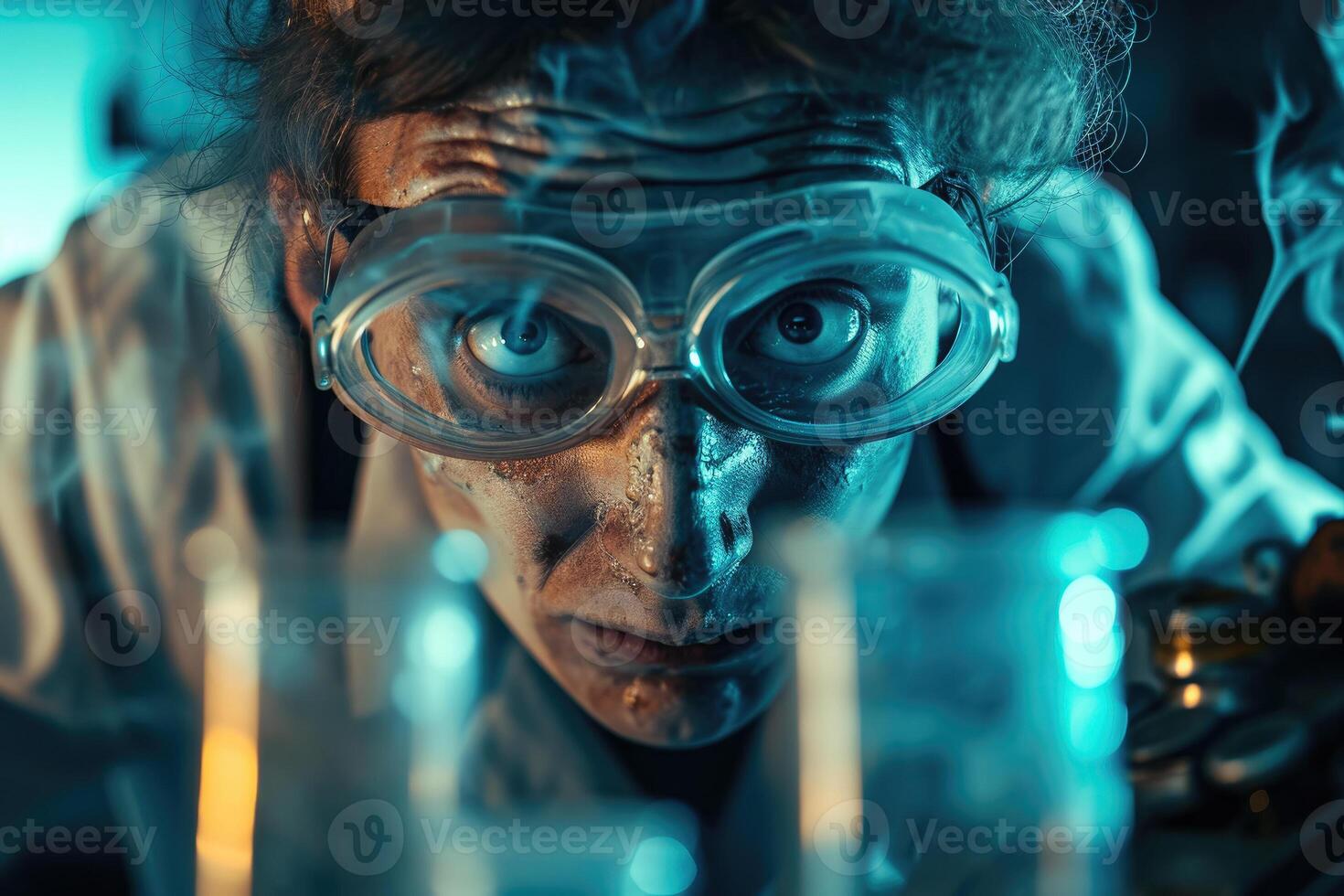 A man in a lab coat and goggles looking at a test tube photo