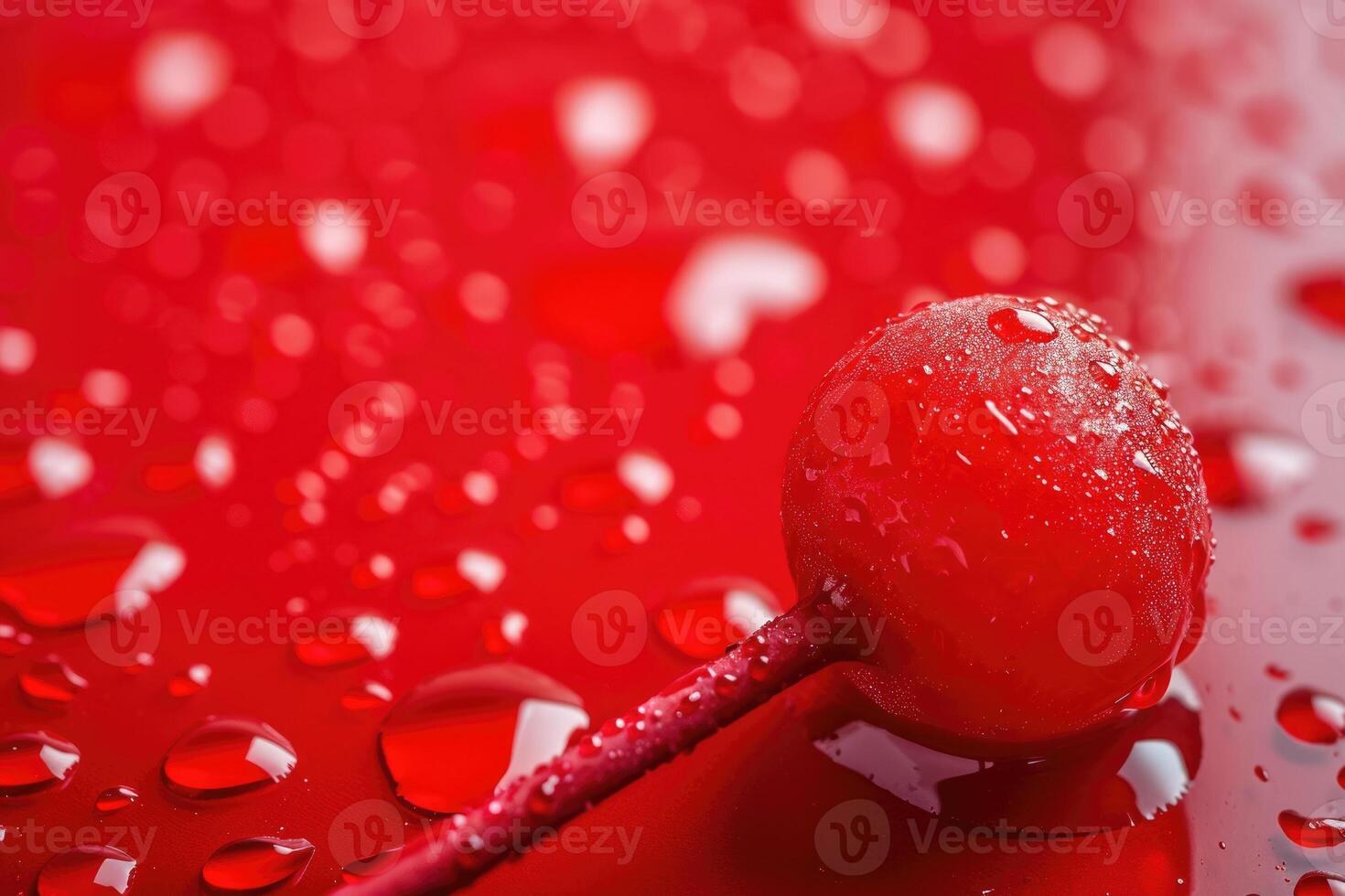 A cherry on a stick with water droplets on it photo