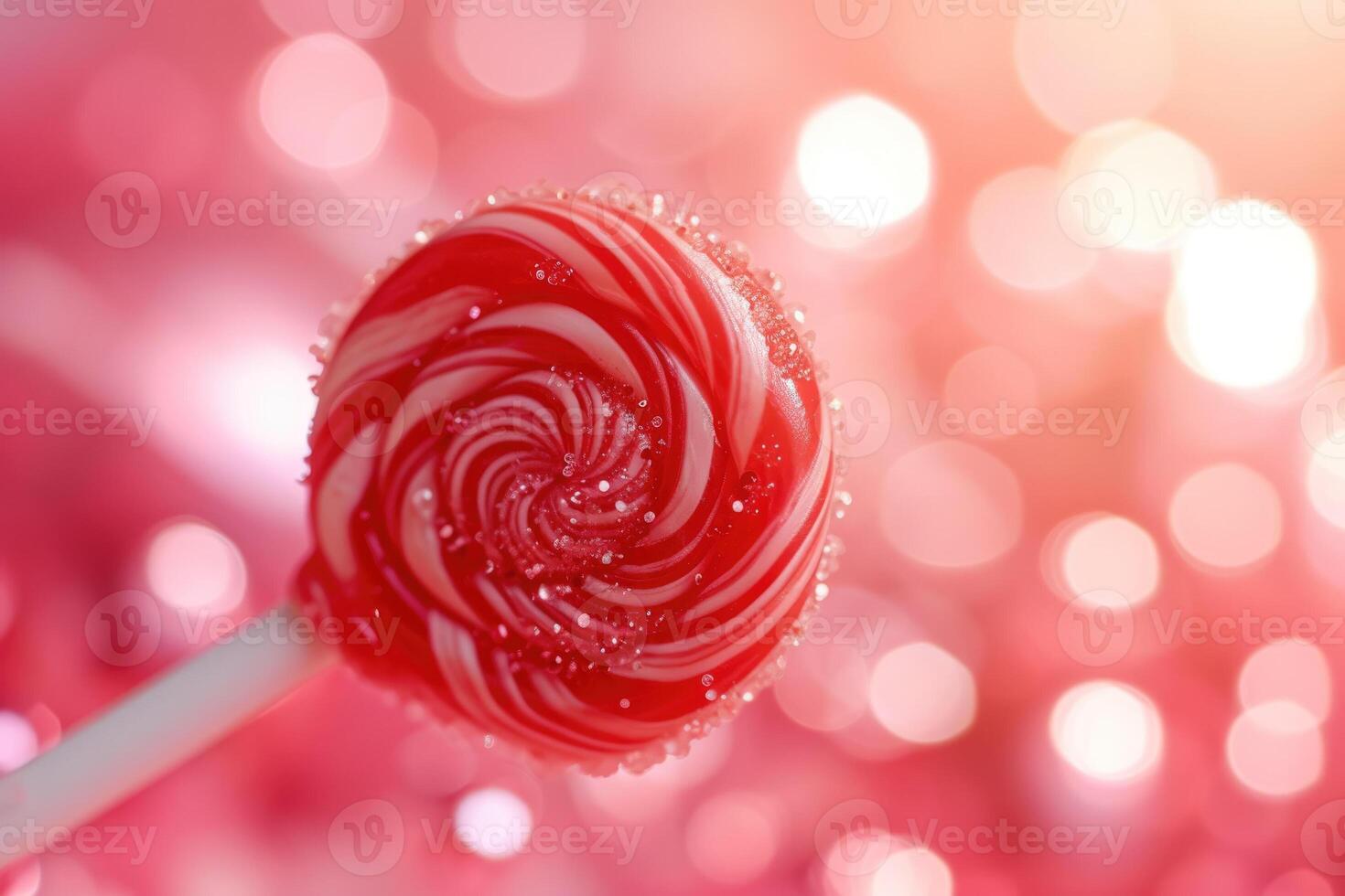 A red lollipop on a stick with a pink background photo