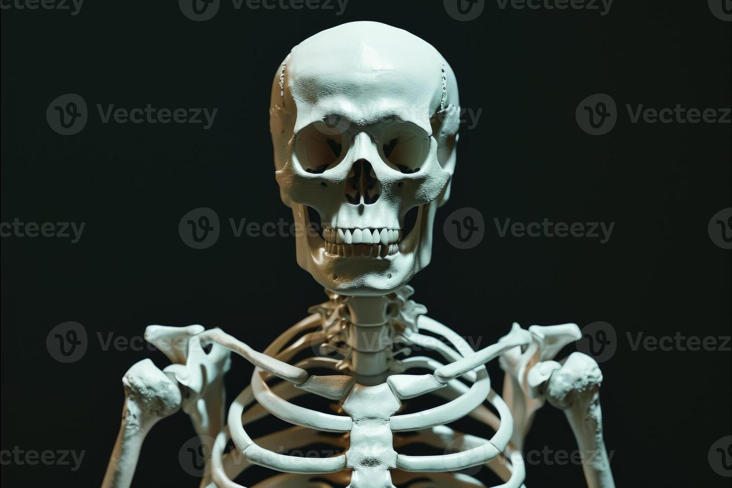 A skeleton is standing in front of a black background photo
