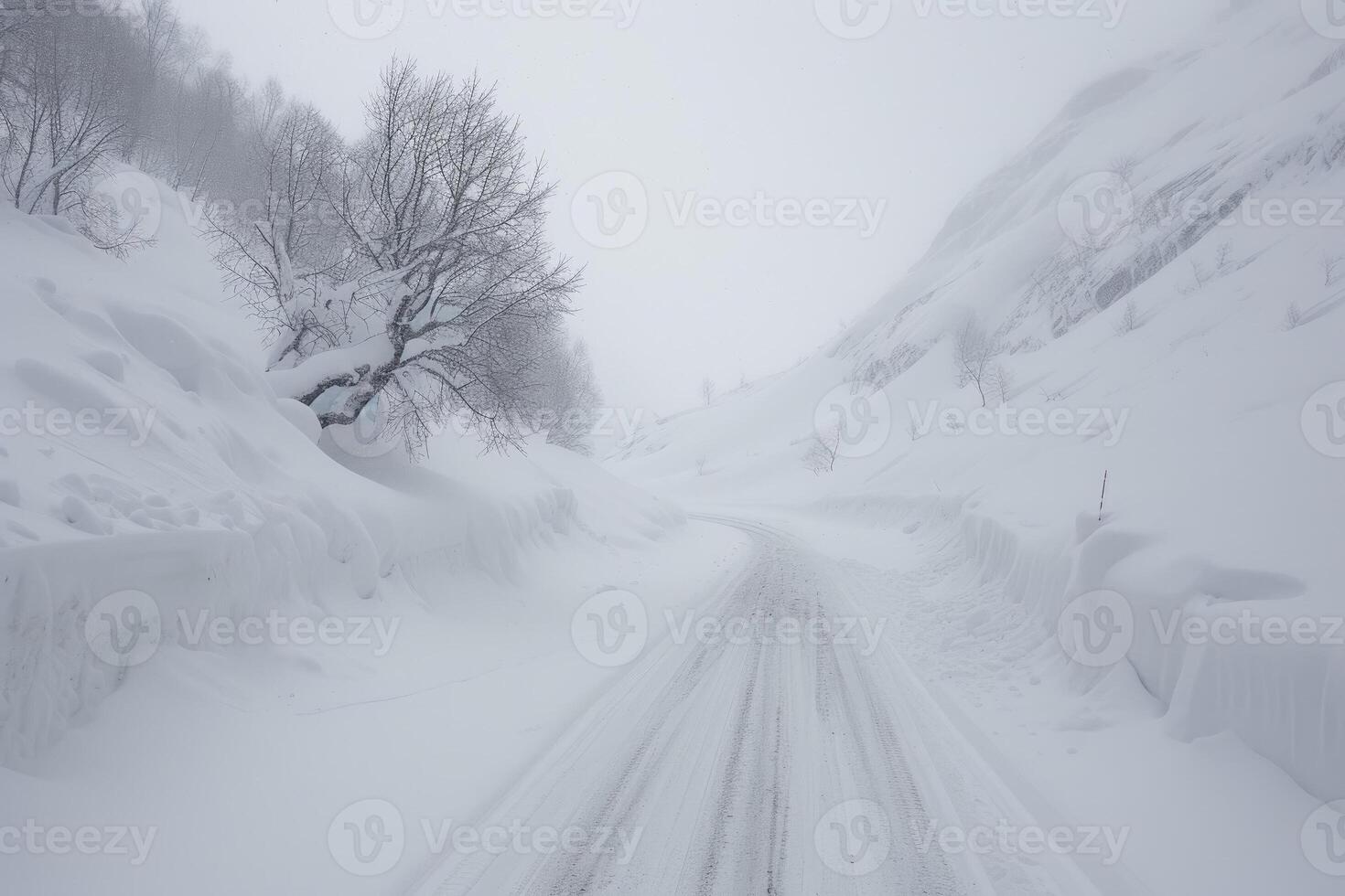 A snowy road is shown in the distance photo