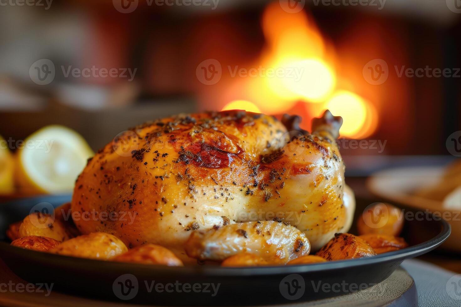A roasted chicken on a plate with potatoes and lemons photo