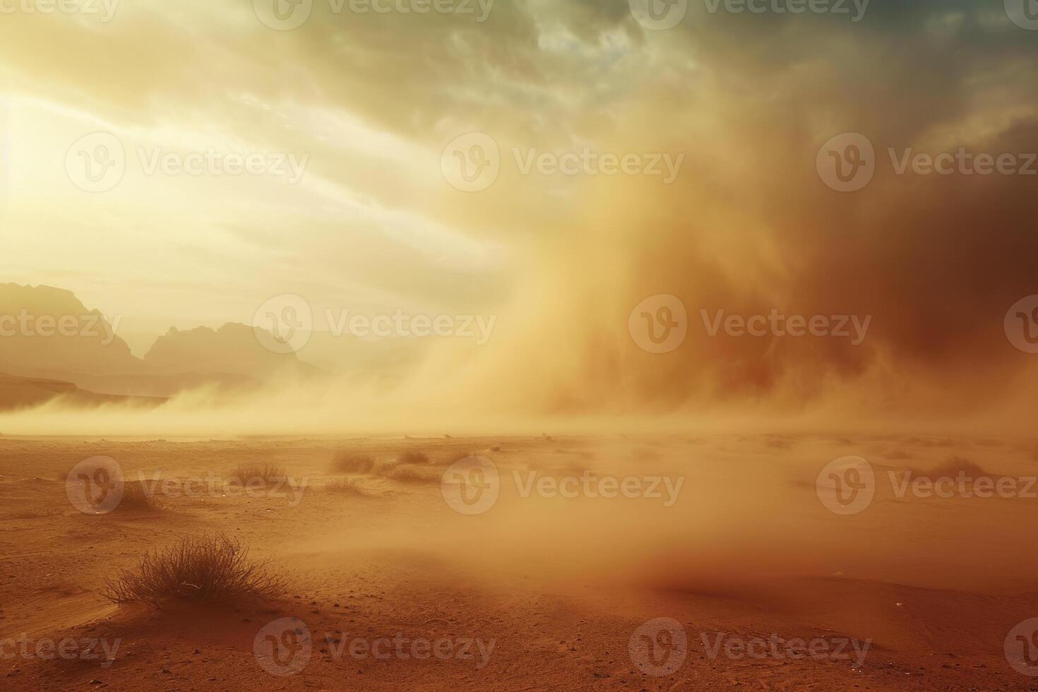 A desert scene with sand blowing in the wind photo