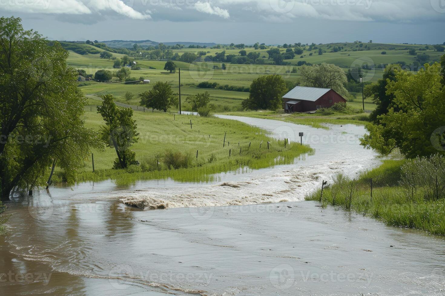 A river that is flowing through a field photo
